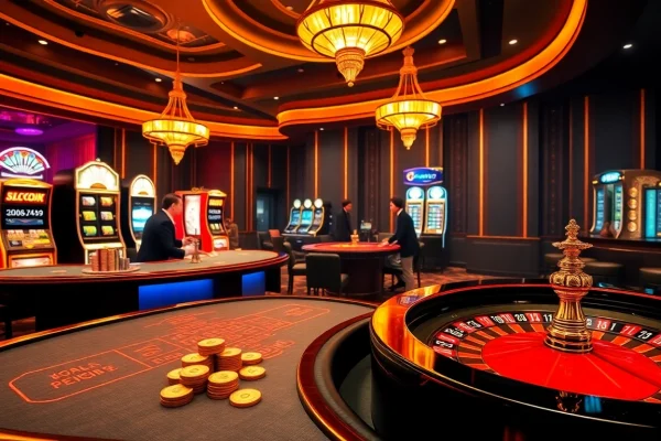 Engaging players at the best crypto casinos surrounded by vibrant slot machines and roulette tables.