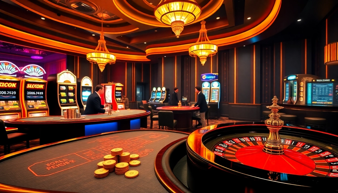 Engaging players at the best crypto casinos surrounded by vibrant slot machines and roulette tables.