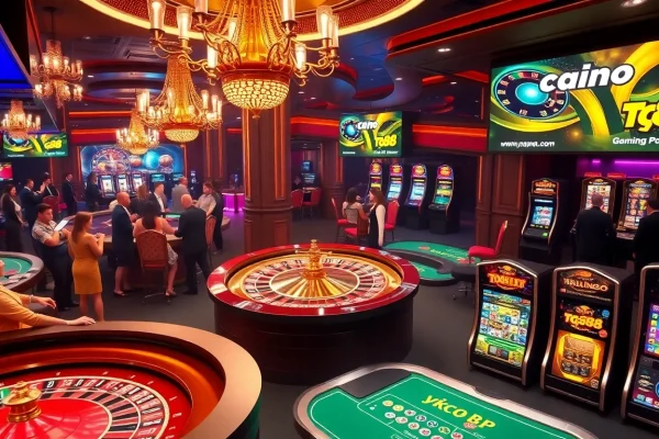 Players enjoying tg88 games at a vibrant casino, featuring roulette and poker tables.