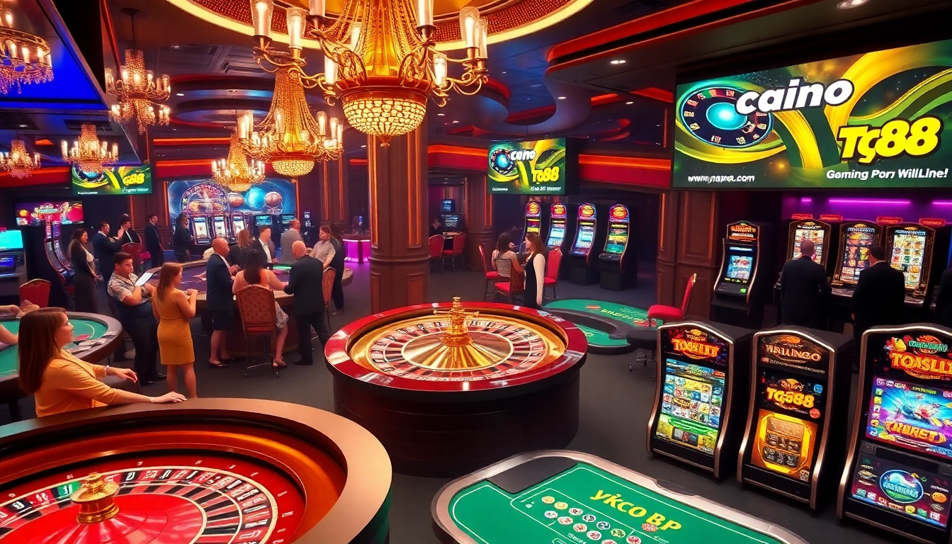 Players enjoying tg88 games at a vibrant casino, featuring roulette and poker tables.