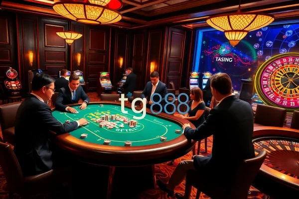 Players enjoying a thrilling card game at the tg88 casino table amidst a luxurious setting.
