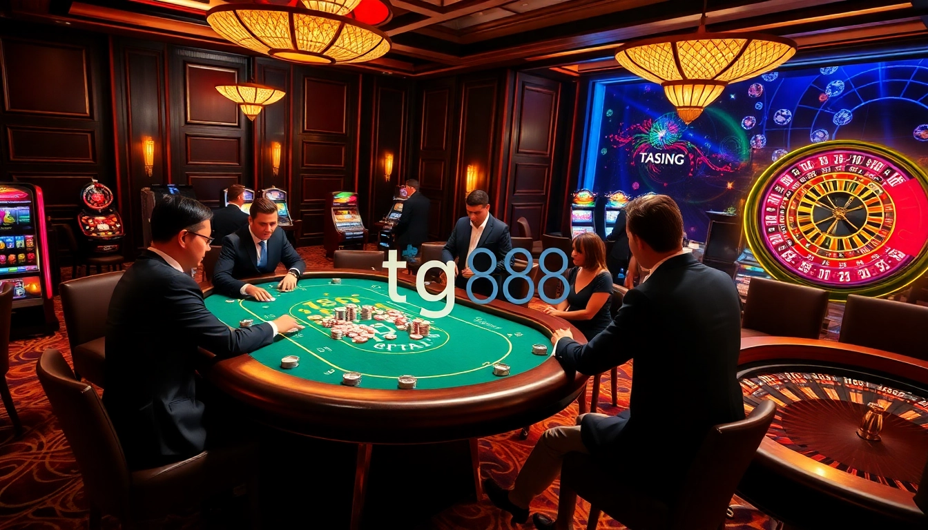 Players enjoying a thrilling card game at the tg88 casino table amidst a luxurious setting.
