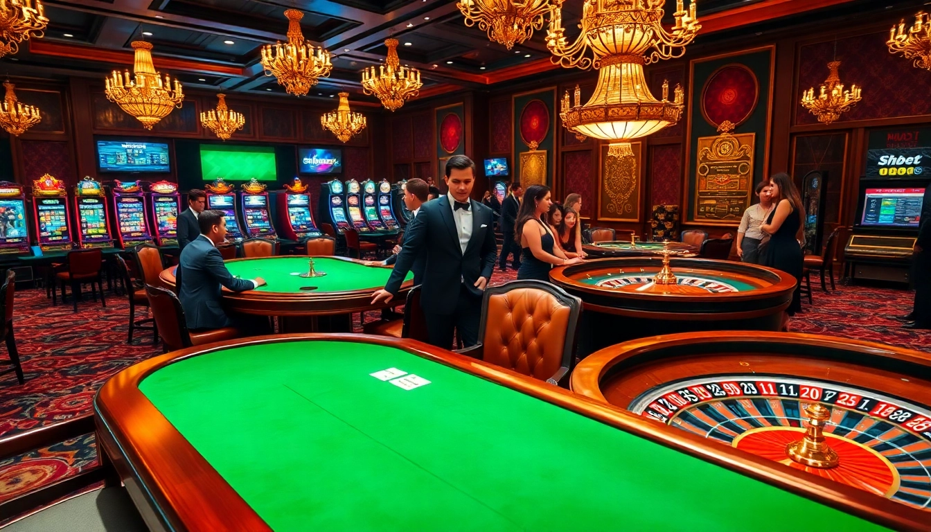 Experience the excitement of SHBET at a luxurious casino with vibrant poker tables and stunning roulette wheels.