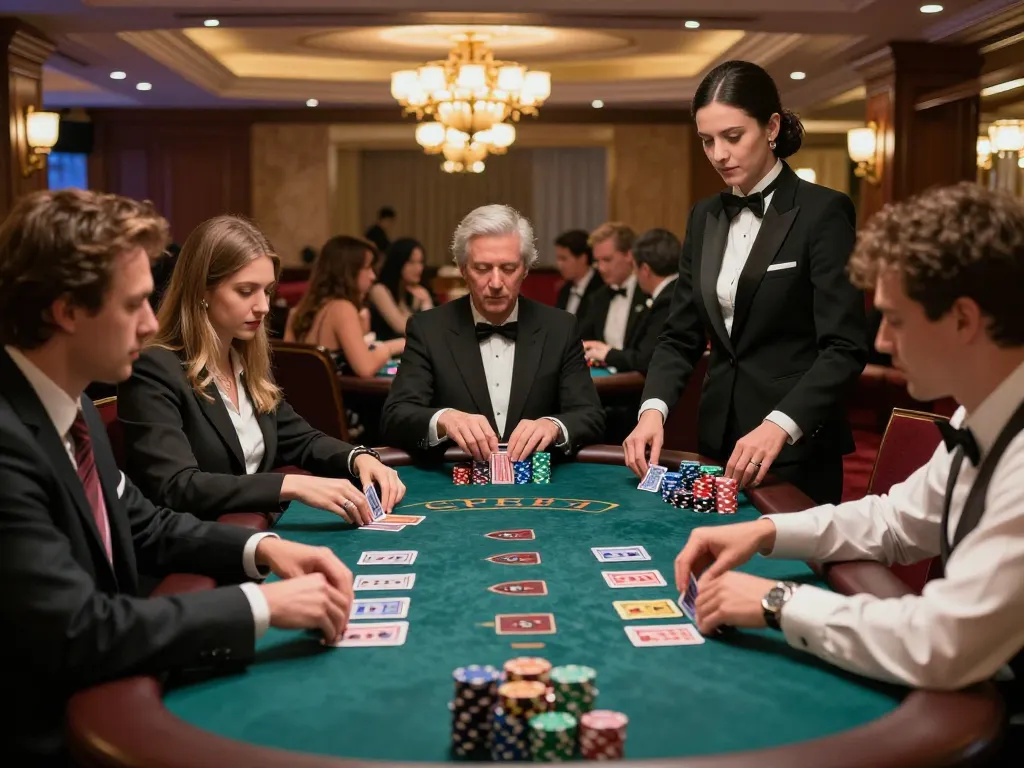Players engaging in strategic blackjack gameplay at a luxurious casino table with FC88 chips stacked.