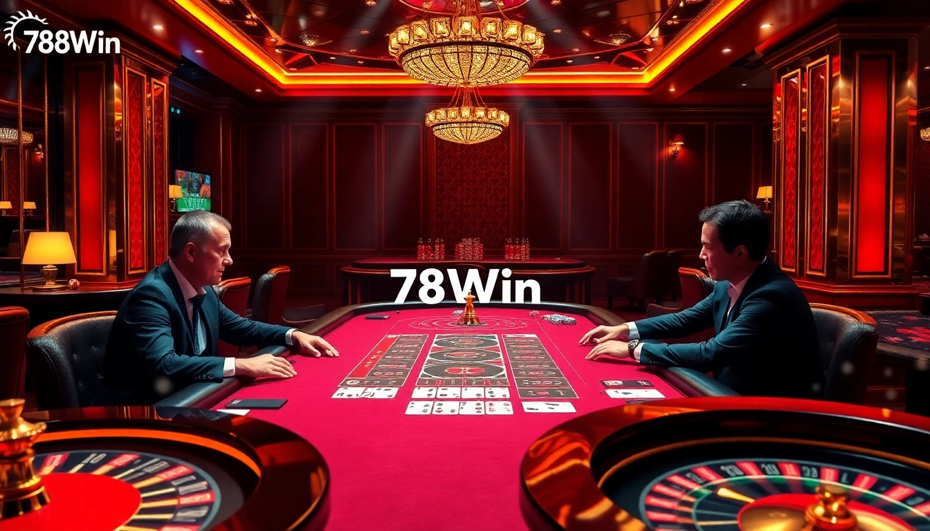 78Win casino scene with players at a poker table, showcasing excitement and luxury in gambling.