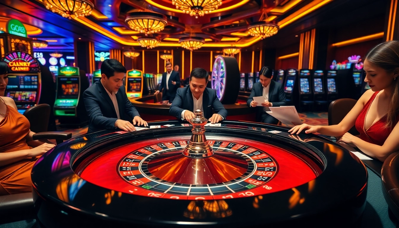 Exciting GO88 casino scene with players at a roulette table, vibrant poker chips, and glowing slot machines.