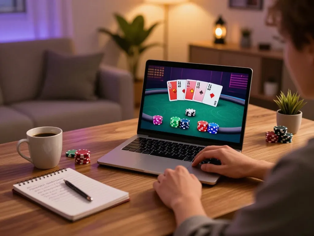 Engaged player at home enjoying vipwin online poker, strategic bankroll management notes visible.