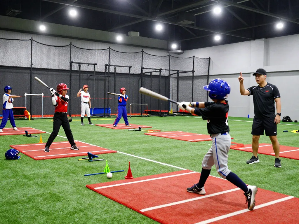Youth players at Hitclub baseball training facility practicing swings energizing teamwork.