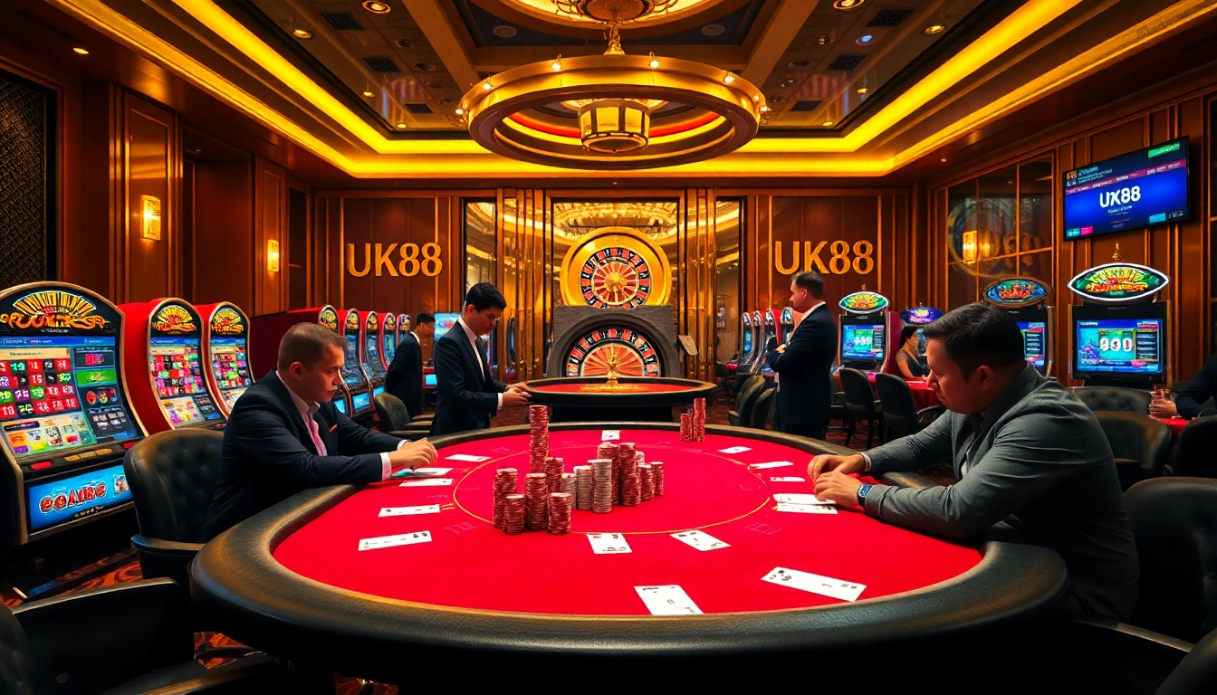 UK88 poker players engaged in a thrilling game at a luxurious casino table.