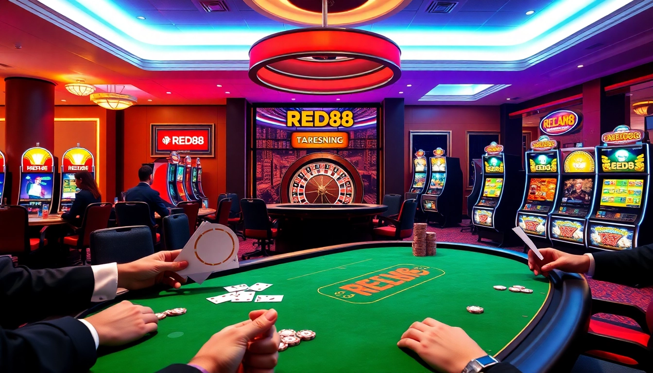 Players enjoying card games at RED88 casino, capturing excitement and luxury in gambling.