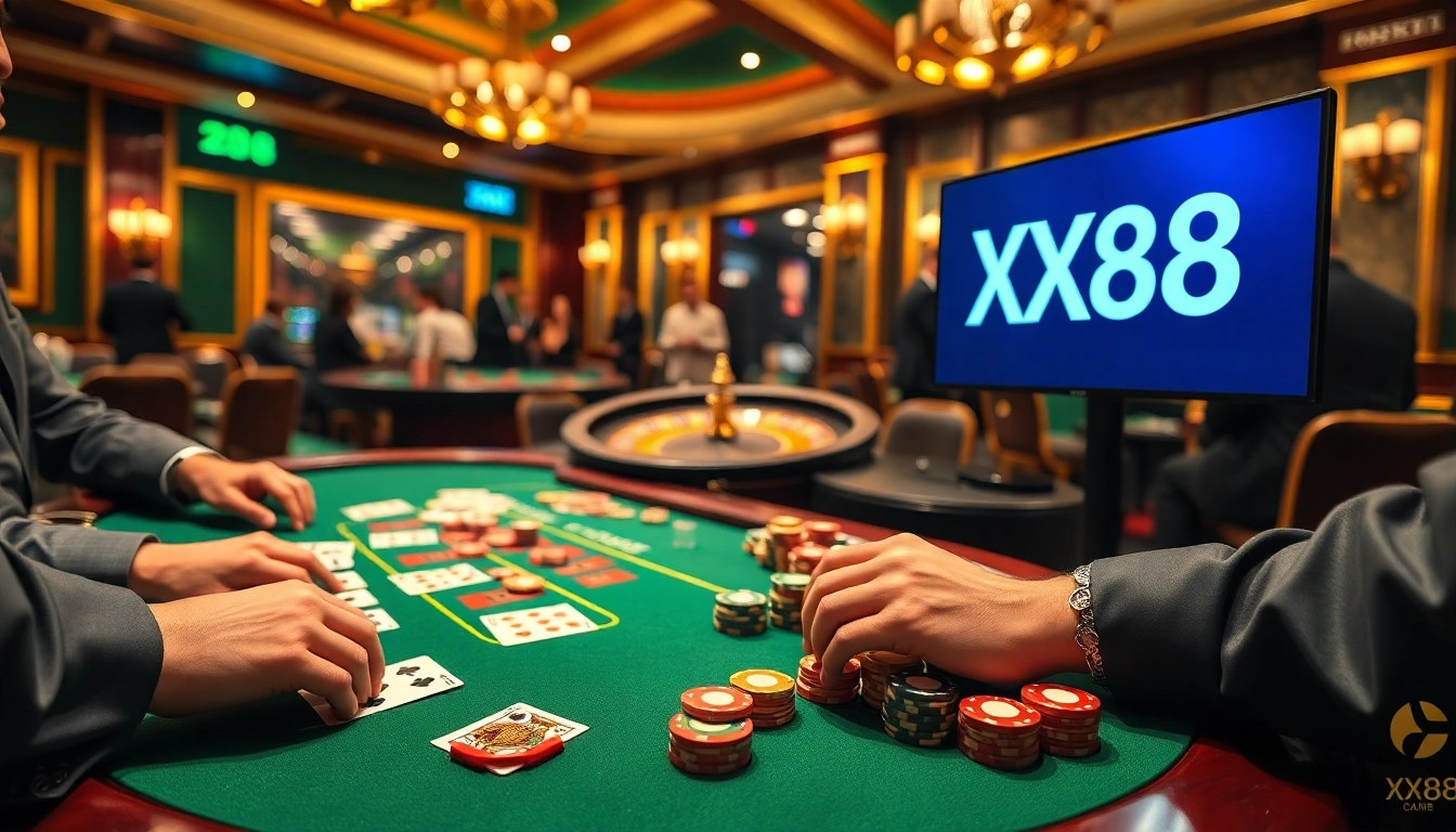 Players celebrate their victories at the stunning XX88 gambling table, featuring poker cards and chips.