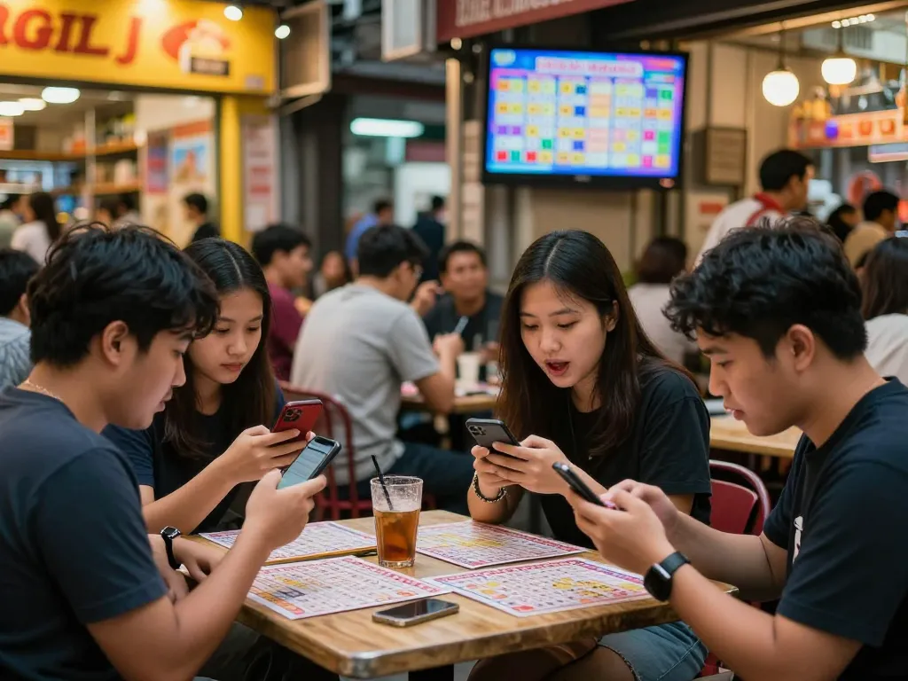 Kumpul komunitas memeriksa hasil Togel Hongkong dalam suasana kafe yang hidup.