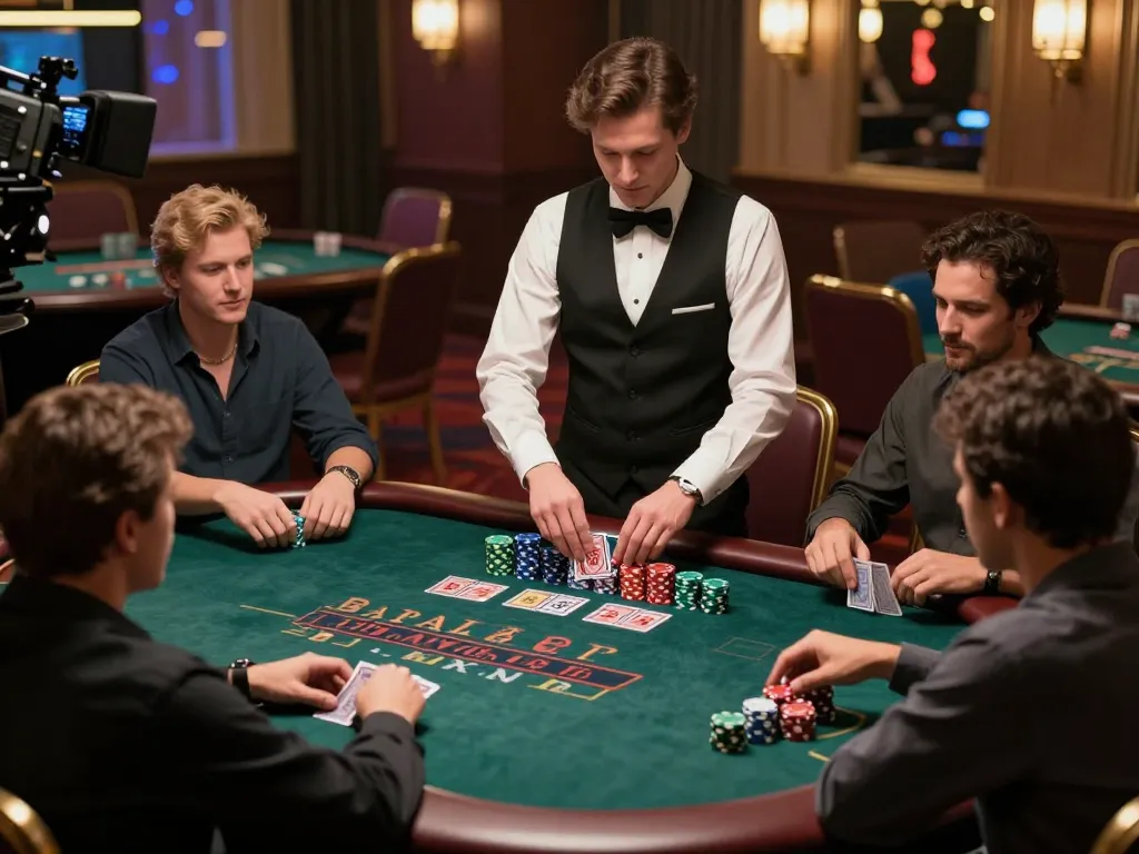 Dynamic blackjack gameplay highlighting tỷ lệ nhà cái with active players and dealer in upscale casino setting.