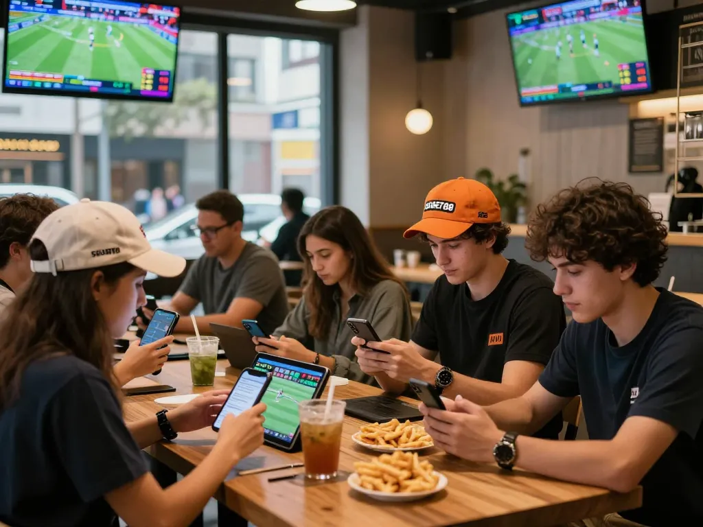 Young adults enjoying an SBOBET88 betting experience in a modern café.