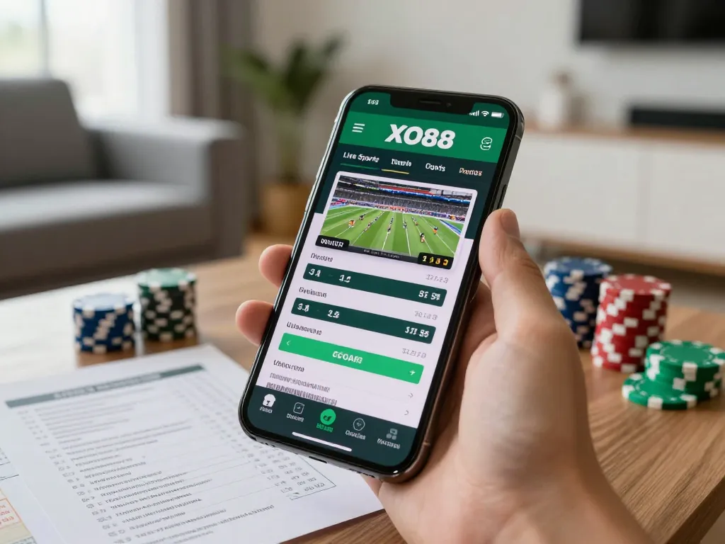 Engaging with the XO88 betting app on a smartphone in a stylish home setting, focusing on live sports betting