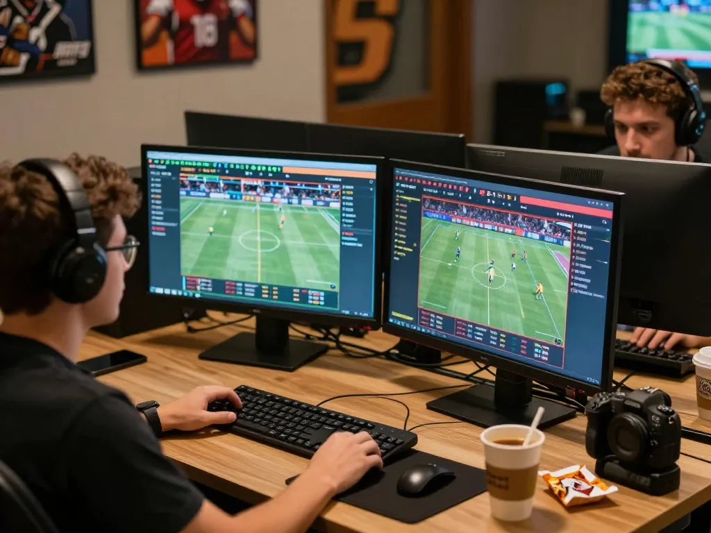 Engaging online sports betting scene showcasing kèo nhà cái on multiple screens with a dynamic atmosphere.