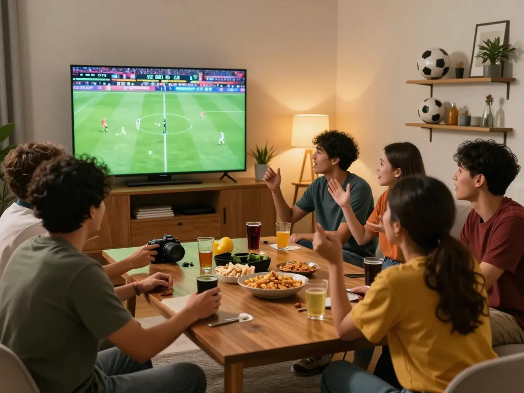 Friends enjoying Judi Bola while watching a football match in a lively living room.