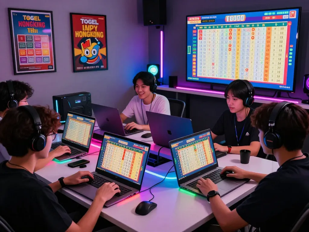 Pemain Togel Hongkong berinteraksi online dengan laptop dan layar undian langsung di lingkungan yang penuh semangat dan energik.