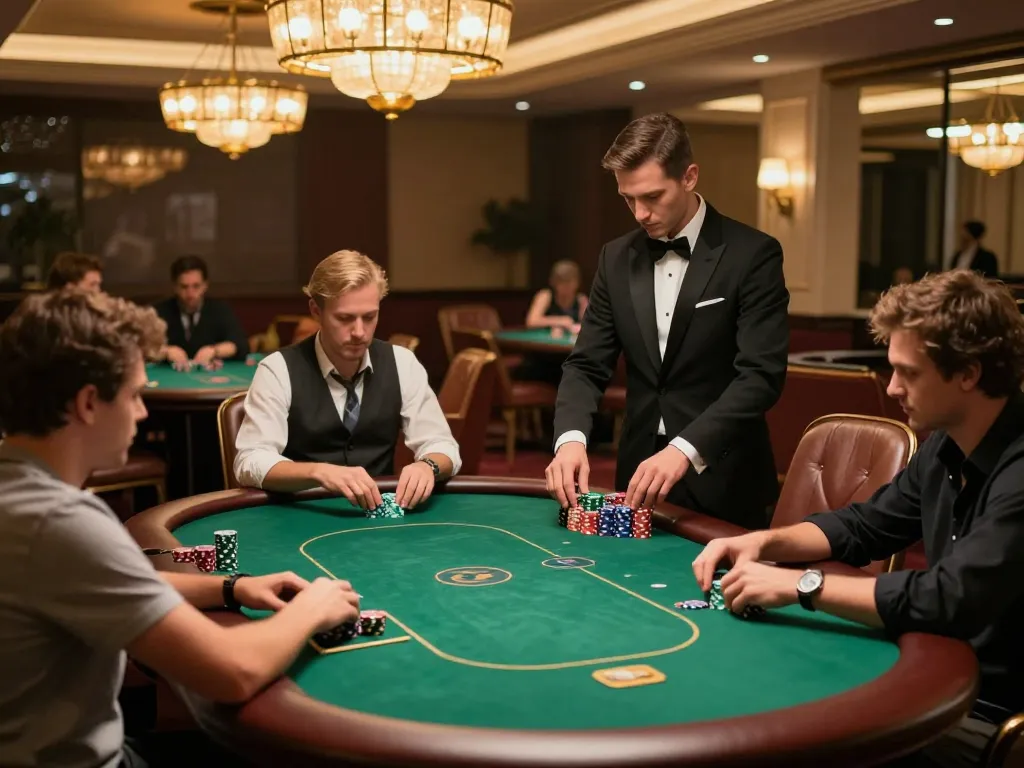 Players engaging in strategic poker gameplay at five88 casino, vibrant atmosphere with luxurious decor.