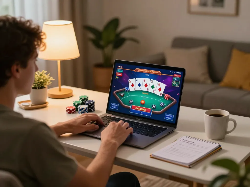 Player enjoying poker games on a laptop, showcasing the advanced features of Nhà cái Luck8 in a cozy home setting.
