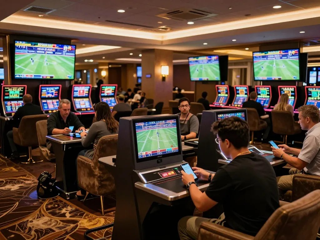 Engaged bettors reviewing kèo nhà cái in a modern sports betting lounge with screens displaying live games.