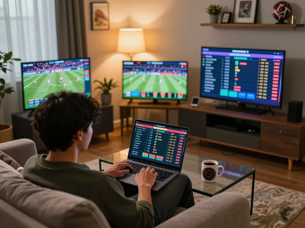 Engaging scene of an individual reviewing tỷ lệ kèo nhà cái 5 on a laptop for online sports betting, highlighting strategic gameplay.