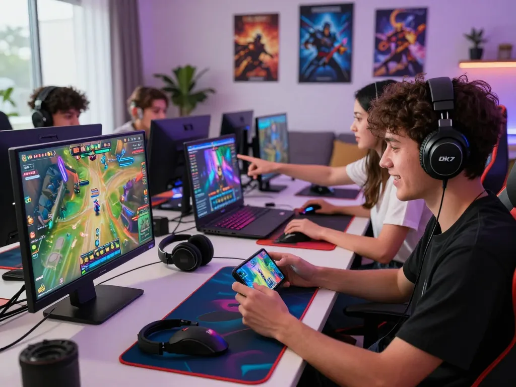 Exciting players enjoying dk7 สล็อต online gaming on smartphones and laptops in a vibrant living room setting.