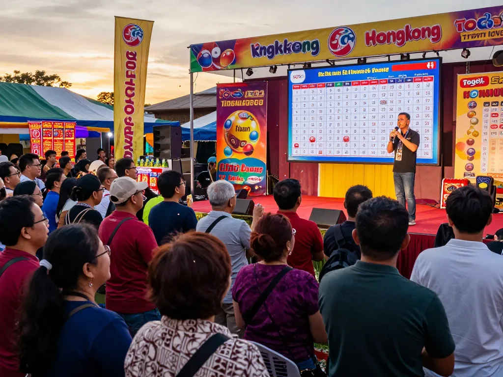Acara undian langsung Togel Hongkong dengan kerumunan yang terlibat, suasana meriah yang menunjukkan kegembiraan lotere.