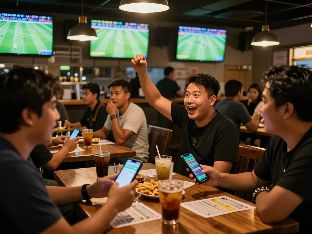 Skema menarik dari taruhan Judi Bola di bar olahraga dengan teman-teman menikmati pertandingan.