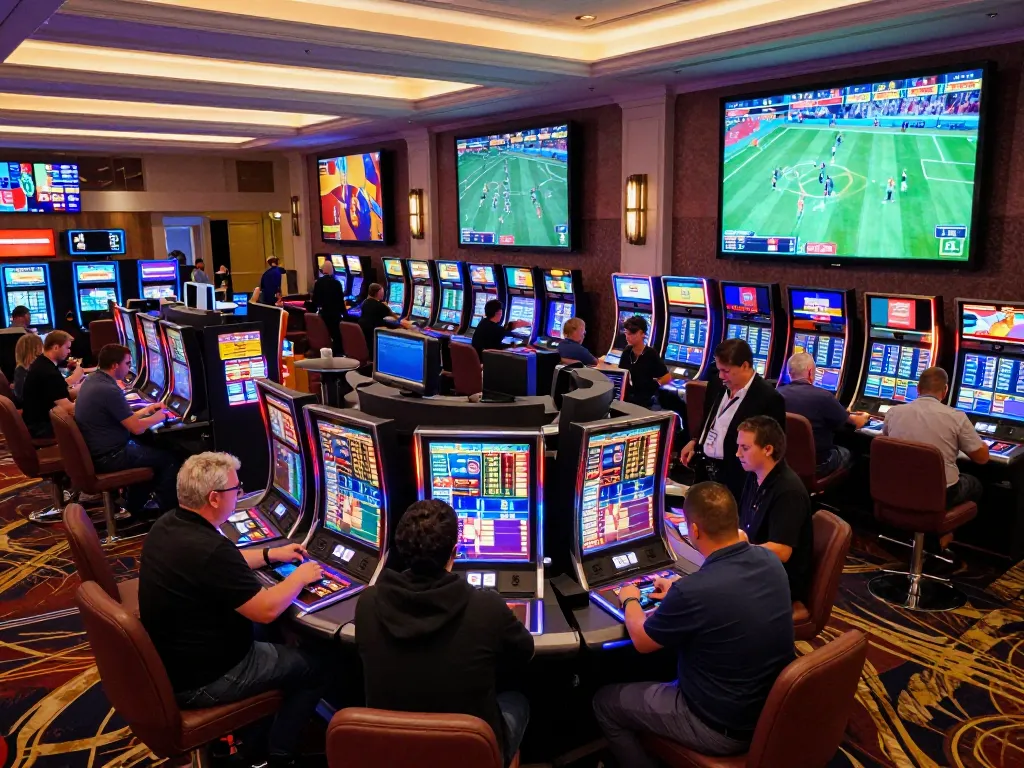 Suasana menarik para petaruh menggunakan kios untuk taruhan Mix Parlay di kasino yang ramai