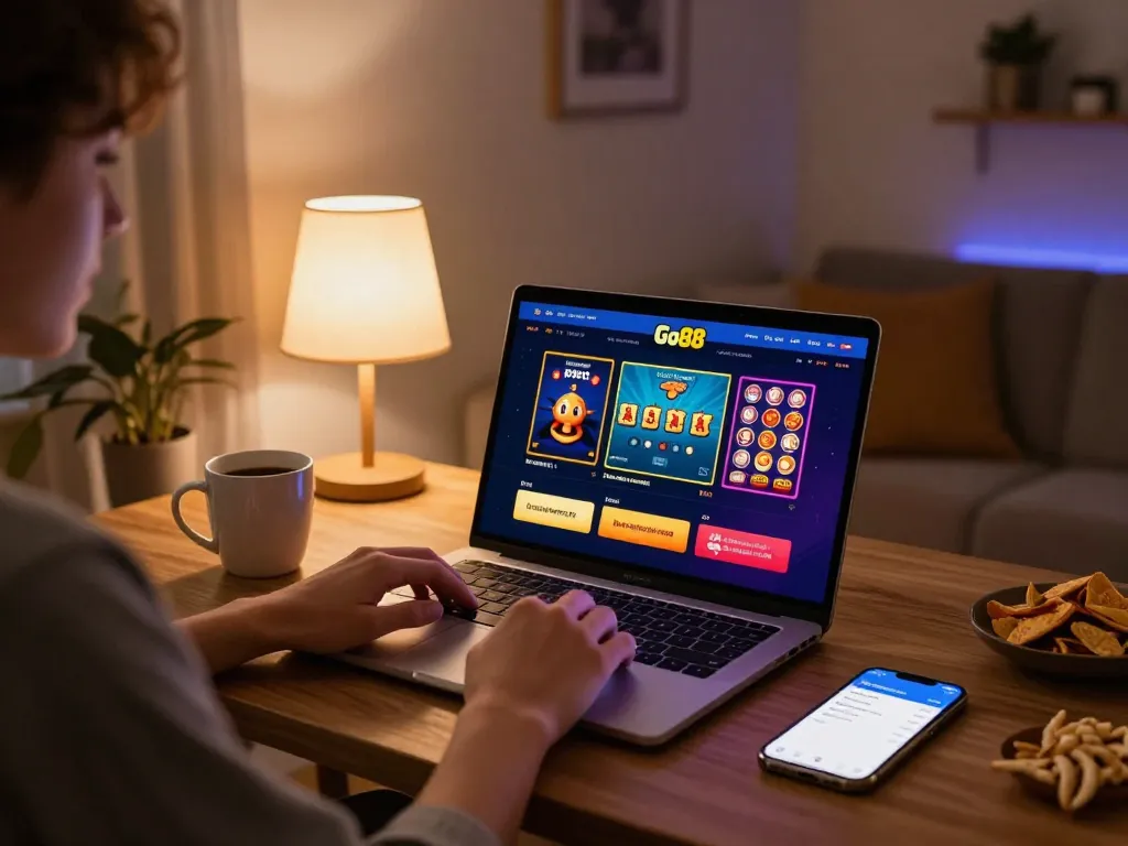 Engaging with Go88 online casino on a laptop in a cozy home setup with snacks and drinks.