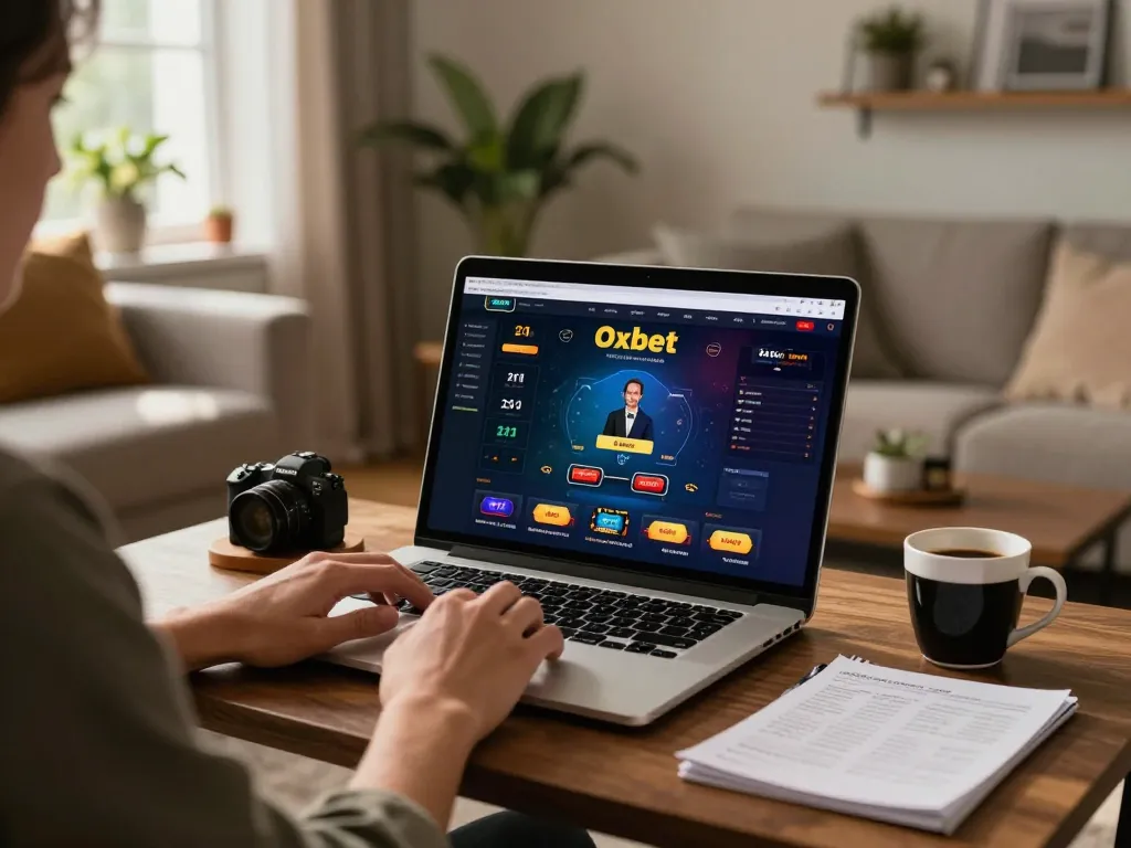 Player enjoying Oxbet online gaming experience at home with laptop and drinks
