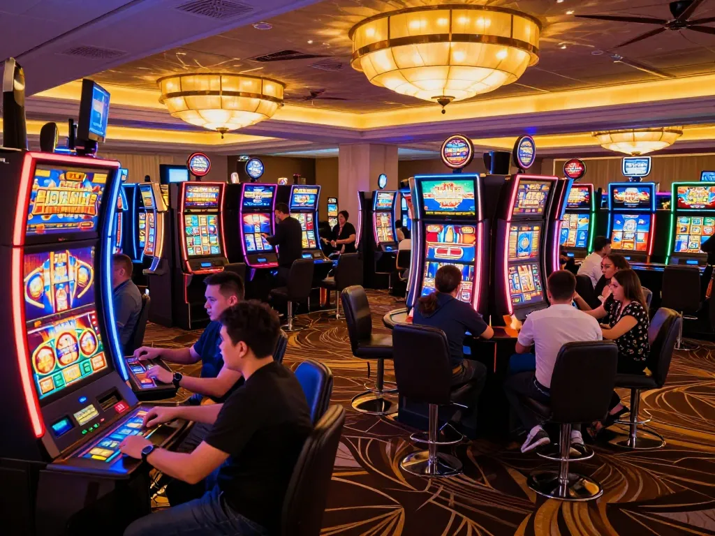 Players enjoying the excitement of 68 Game Bài while engaging with colorful slot machines in a vibrant casino atmosphere.
