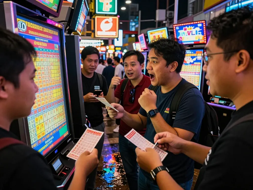 Pemain Togel Hongkong dengan antusias memeriksa hasil lotere di lingkungan perkotaan yang cerah.