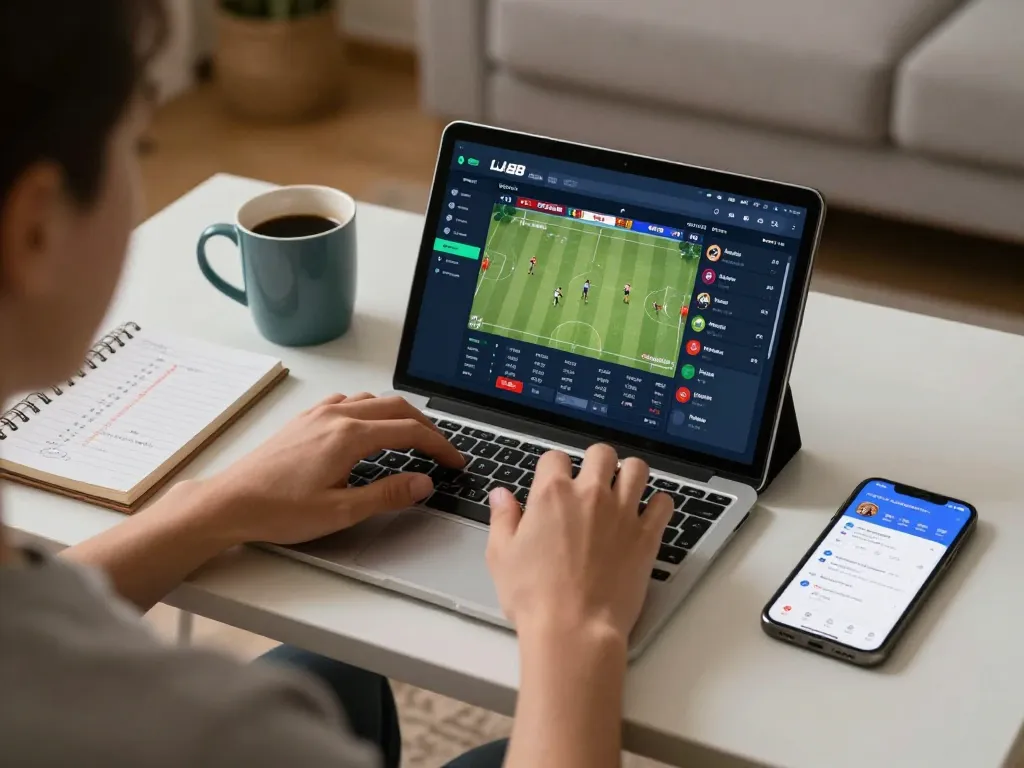 Engaged user betting on LU88 app from a cozy home setup, showcasing online gaming excitement