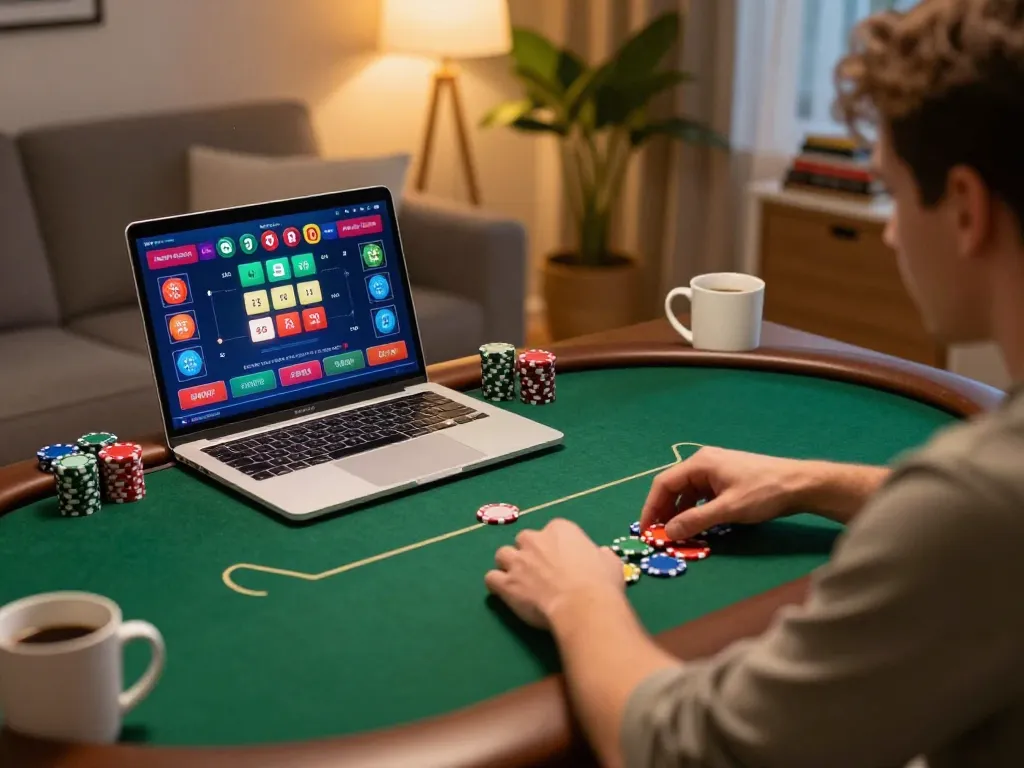 Player enjoying online poker at home on laptop while exploring Nhà cái ko66 gaming options with cozy ambiance.