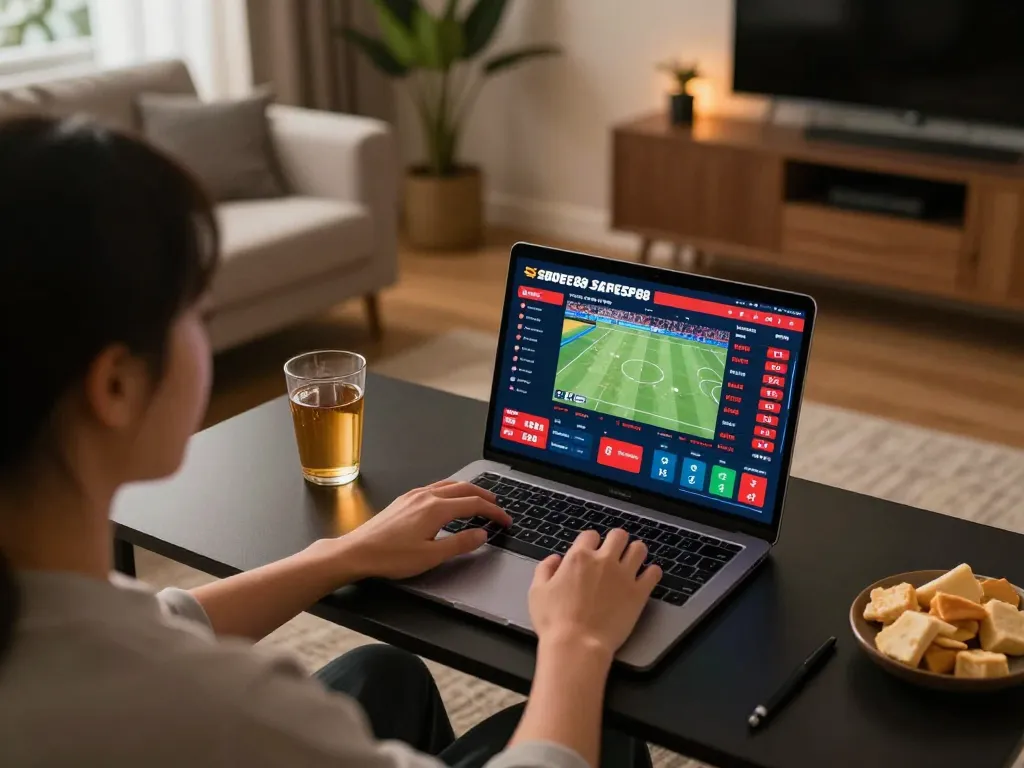 Aksi taruhan olahraga SBOBET88 yang ditampilkan di laptop di pengaturan permainan rumah, suasana nyaman dengan minuman