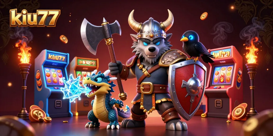 Engage with exciting games at kiu77 featuring bold Viking characters amidst vibrant slot machines.