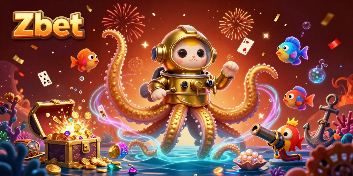Zbet showcases an exhilarating underwater casino adventure with a kraken, diving cat, and bioluminescent fish