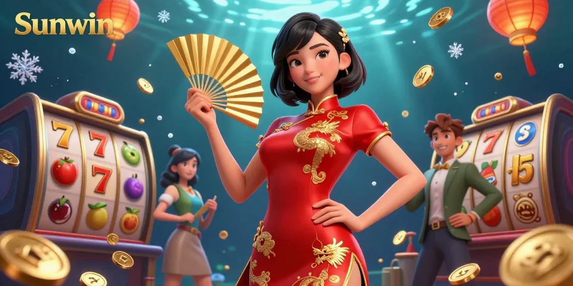 Play exciting games at Sunwin with golden coins, vibrant colors, and engaging slot reels.