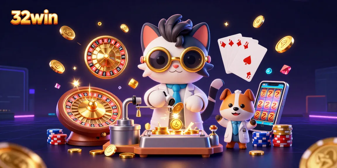 Join the excitement at 32win with a vibrant 3D scene of casino fun featuring golden coins and a roulette wheel.
