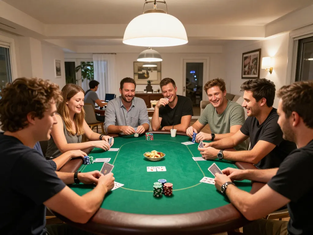 Friends enjoying an exciting home poker game night with 88xeng on the table.