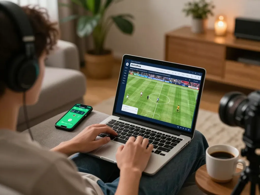 Socolive trực tiếp bóng đá displayed on laptop while betting enthusiast enjoys a cozy gaming session.