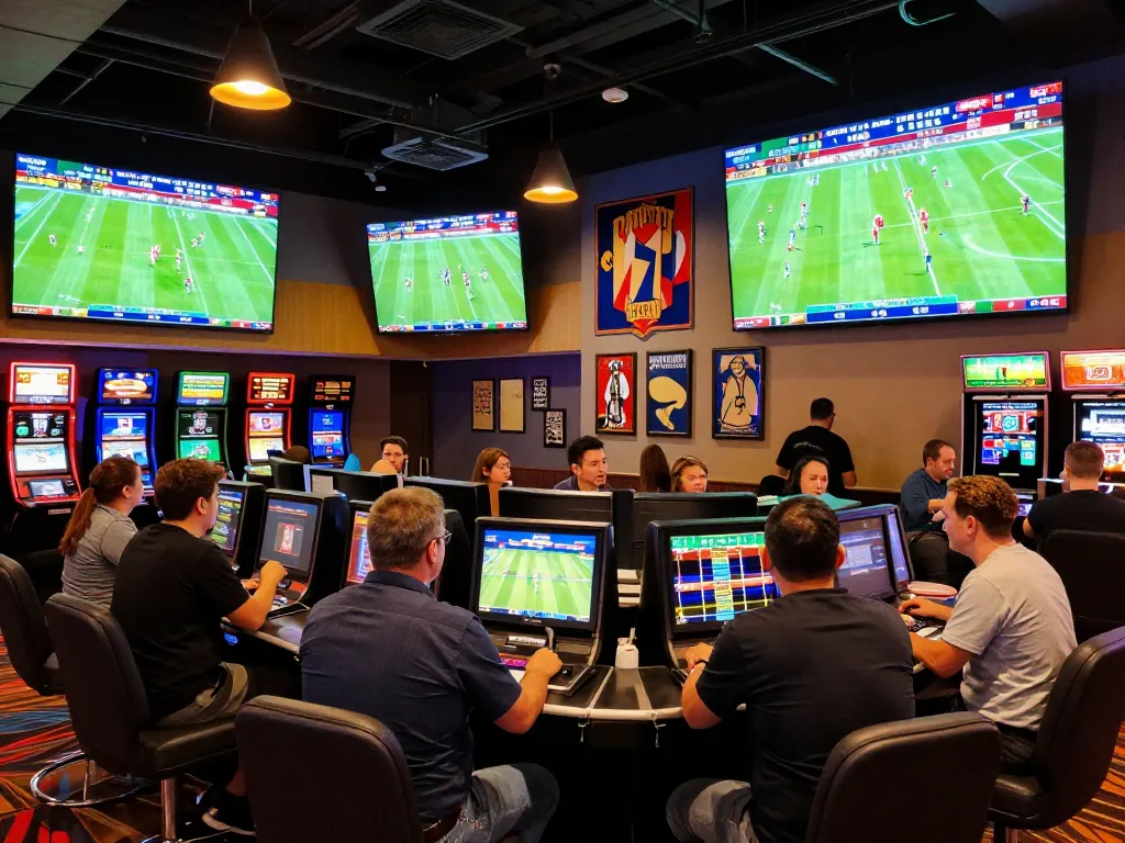 Engaged bettors placing bets on kết quả bóng đá while watching live football matches in a lively casino sports area