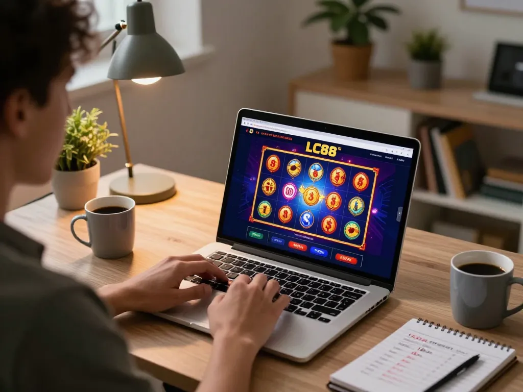Engaging online gambling experience with LC88 slot game on laptop, user placing strategic bets.