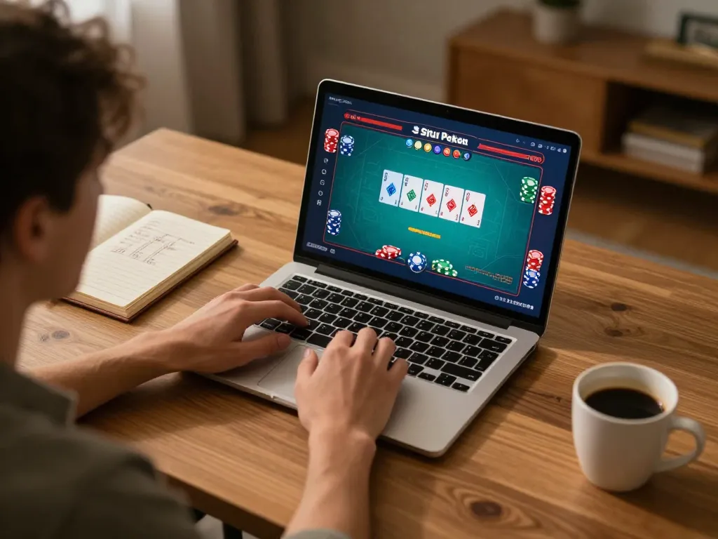 Situs Poker Lapak303 gameplay session on a laptop at home, showcasing strategy notes and gaming atmosphere