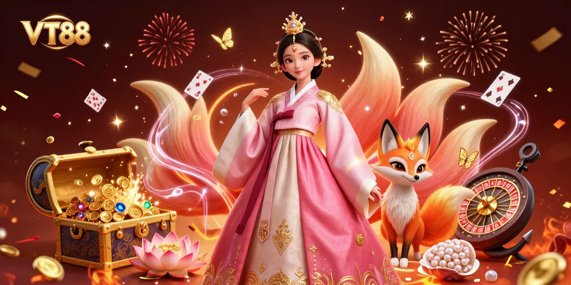 Experience VT88 excitement with a vibrant 3D scene showcasing a lucky Asian woman and fox in a casino.