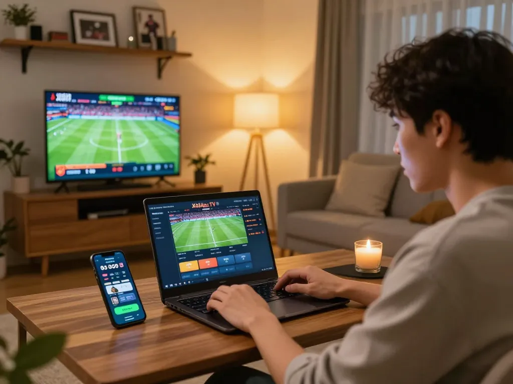 Xoilac TV user intensely places bets during a live football match, showcasing online sports betting engagement.