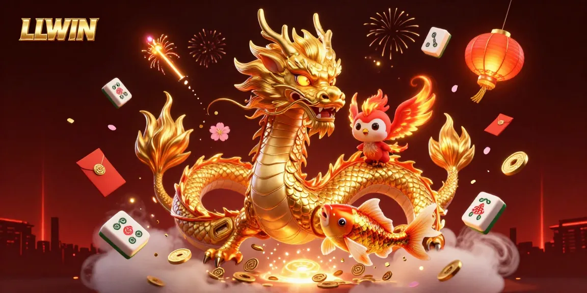LLWIN enhances your gambling experience with stunning visuals of a dragon, phoenix, and koi fish amidst golden coins.