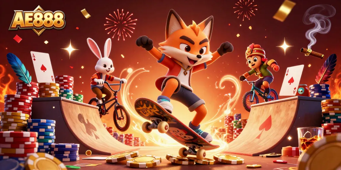 Experience the excitement of AE888 cockfighting with vibrant 3D characters and casino elements in a dynamic scene.
